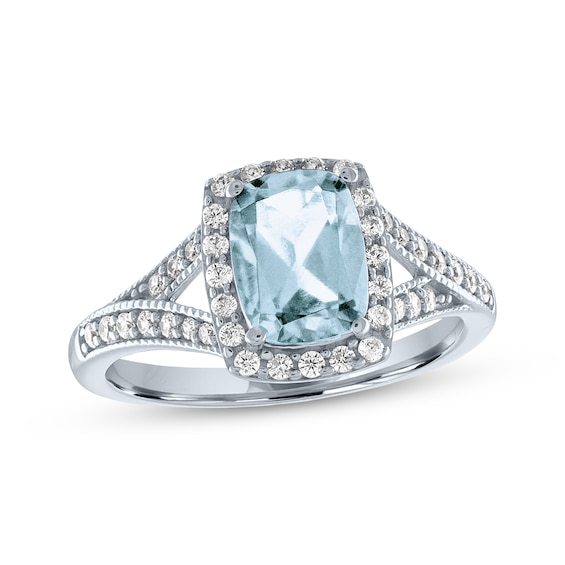 Cushion-Cut Aquamarine & White Lab-Created Sapphire Ring Sterling Silver