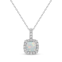 Cushion-Cut Lab-Created Opal & White Lab-Created Sapphire Necklace Sterling Silver 18"
