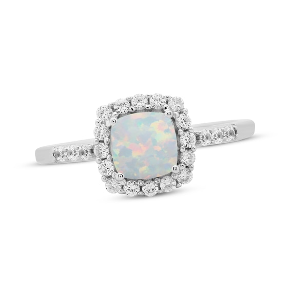 Cushion-Cut Lab-Created Opal & White Lab-Created Sapphire Ring Sterling Silver