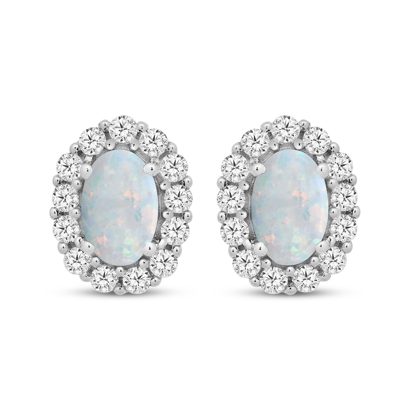 Main Image 1 of Oval-Cut Lab-Created Opal & White Lab-Created Sapphire Stud Earrings Sterling Silver