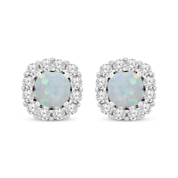 Cushion-Cut Lab-Created Opal & White Lab-Created Sapphire Stud Earrings Sterling Silver