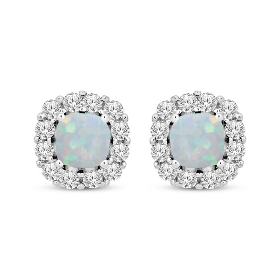 Cushion-Cut Lab-Created Opal & White Lab-Created Sapphire Stud Earrings Sterling Silver
