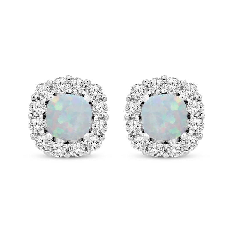 Main Image 1 of Cushion-Cut Lab-Created Opal & White Lab-Created Sapphire Stud Earrings Sterling Silver