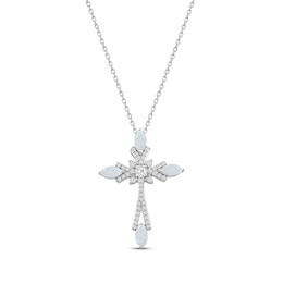 Marquise-Cut Lab-Created Opal & White Lab-Created Sapphire Cross Necklace Sterling Silver 18"