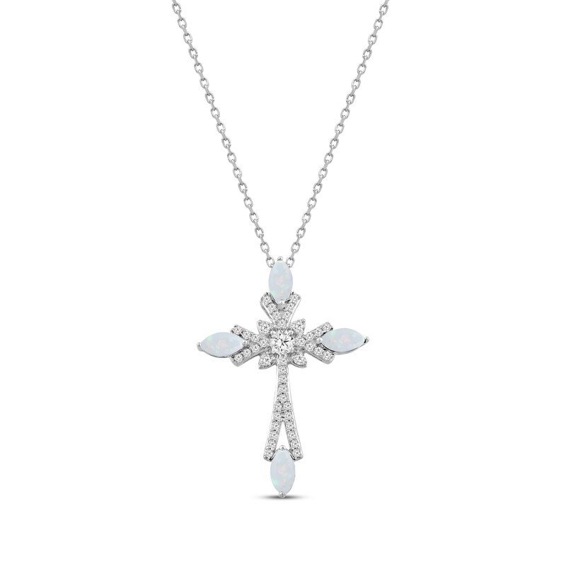 Main Image 1 of Marquise-Cut Lab-Created Opal & White Lab-Created Sapphire Cross Necklace Sterling Silver 18"