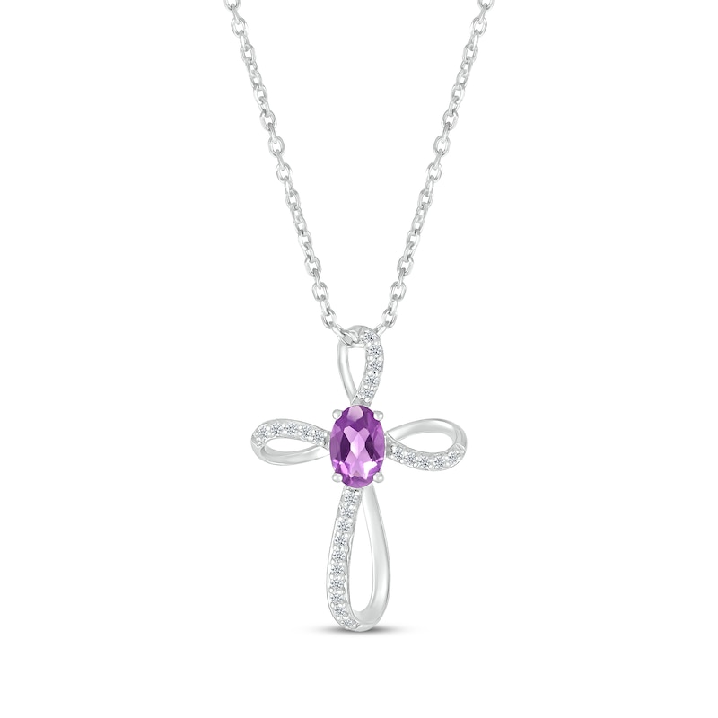 Main Image 1 of Oval-Cut Amethyst & White Lab-Created Sapphire Looping Cross Necklace Sterling Silver 18"
