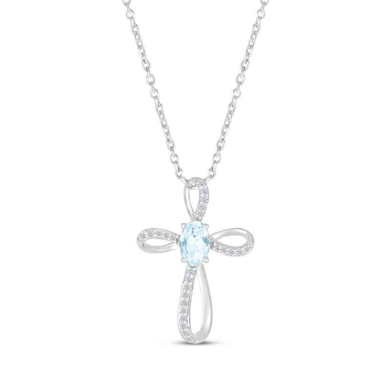 Main Image 1 of Oval-Cut Aquamarine & White Lab-Created Sapphire Looping Cross Necklace Sterling Silver 18"