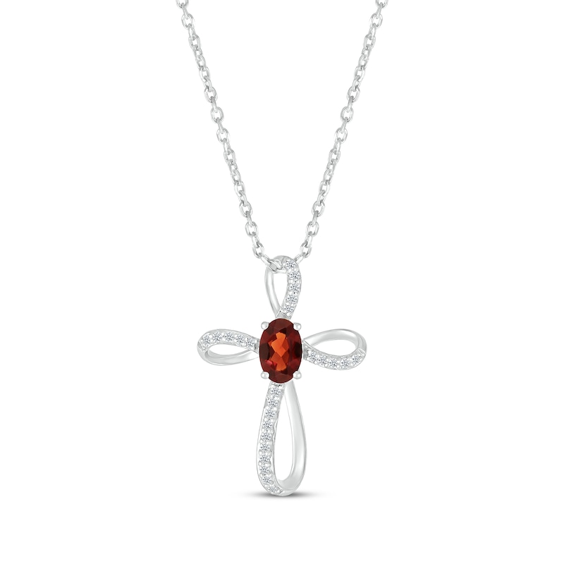 Main Image 1 of Oval-Cut Garnet & White Lab-Created Sapphire Looping Cross Necklace Sterling Silver 18&quot;