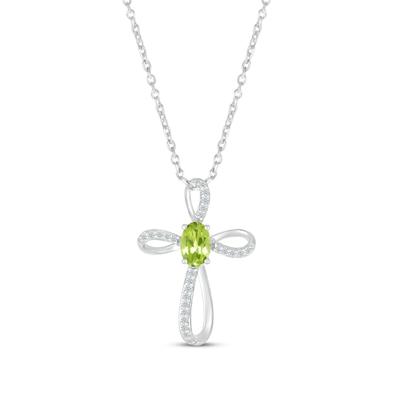 Oval-Cut Peridot & White Lab-Created Sapphire Looping Cross Necklace Sterling Silver 18"