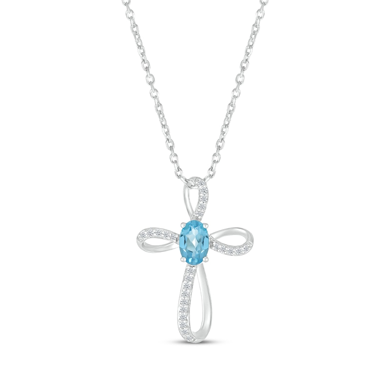Oval-Cut Swiss Blue Topaz & White Lab-Created Sapphire Looping Cross Necklace Sterling Silver 18"