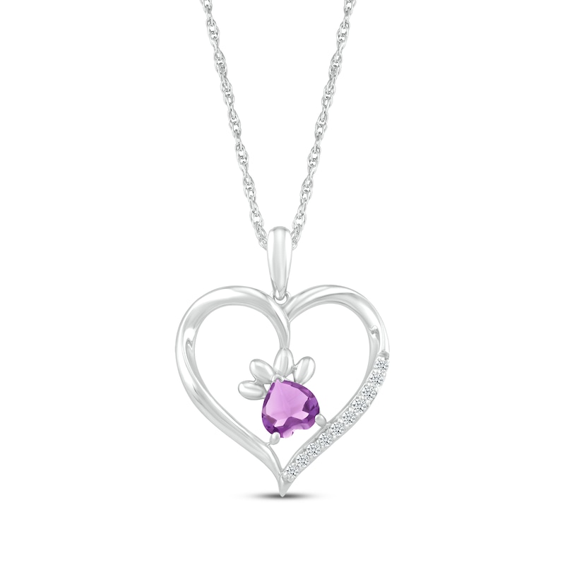 Main Image 1 of Heart-Shaped Amethyst & White Lab-Created Sapphire Paw Print Necklace Sterling Silver 18"