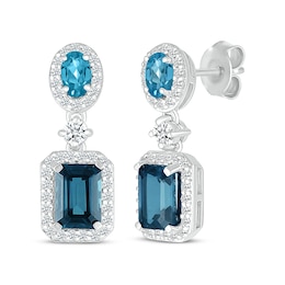 Oval & Emerald-Cut Blue Topaz & White Lab-Created Sapphire Drop Earrings Sterling Silver