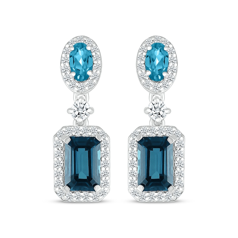 Main Image 2 of Oval & Emerald-Cut Blue Topaz & White Lab-Created Sapphire Drop Earrings Sterling Silver