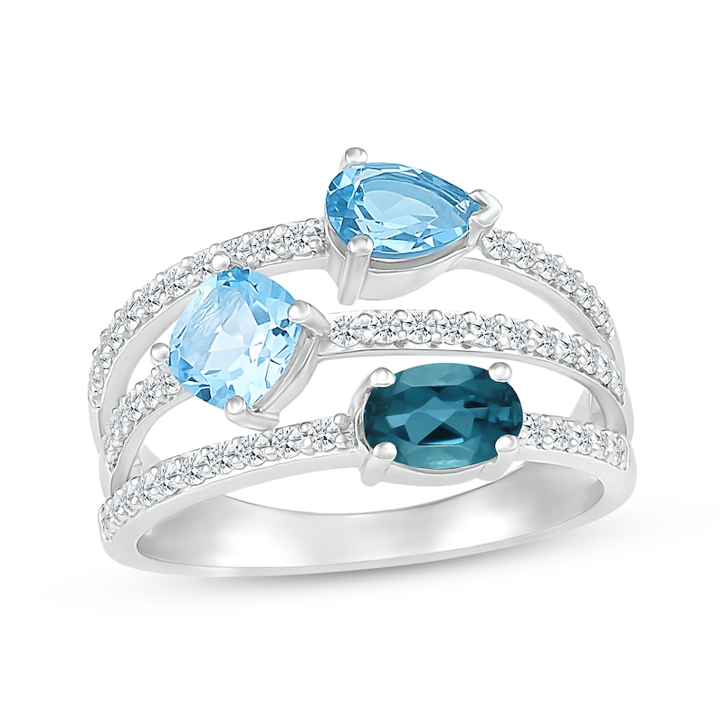 London, Swiss & Sky Blue Topaz & White Lab-Created Sapphire Multi-Row Ring Sterling Silver