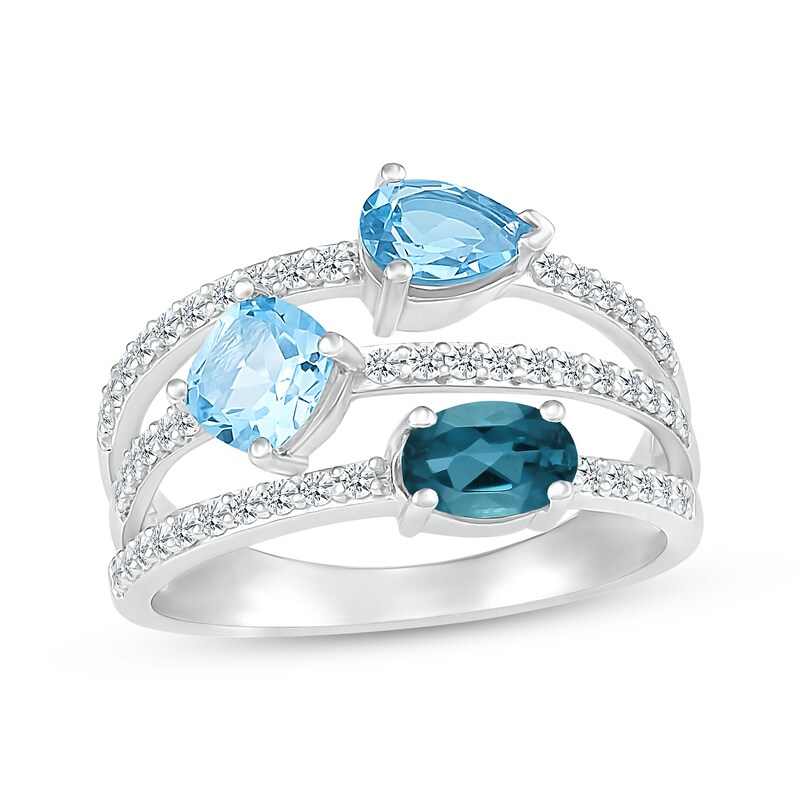London, Swiss & Sky Blue Topaz & White Lab-Created Sapphire Multi-Row Ring Sterling Silver