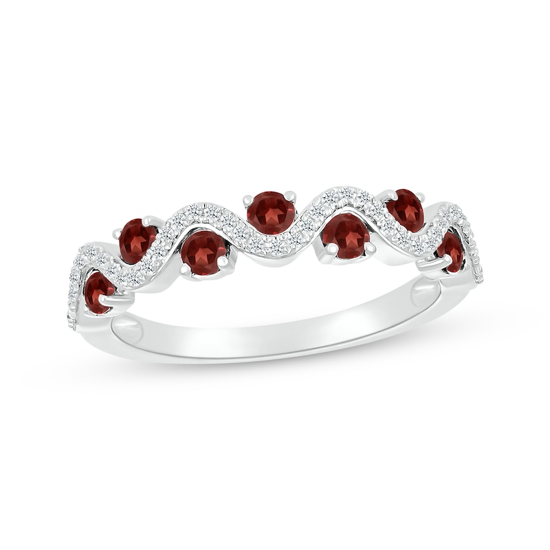 Main Image 1 of Garnet & Diamond Wavy Ring 1/8 ct tw Sterling Silver