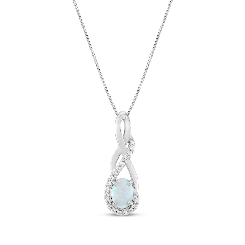 Main Image 1 of Oval-Cut Lab-Created Opal & White Lab-Created Sapphire Twist Drop Necklace Sterling Silver 18&quot;