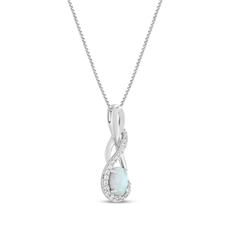 Main Image 2 of Oval-Cut Lab-Created Opal & White Lab-Created Sapphire Twist Drop Necklace Sterling Silver 18&quot;