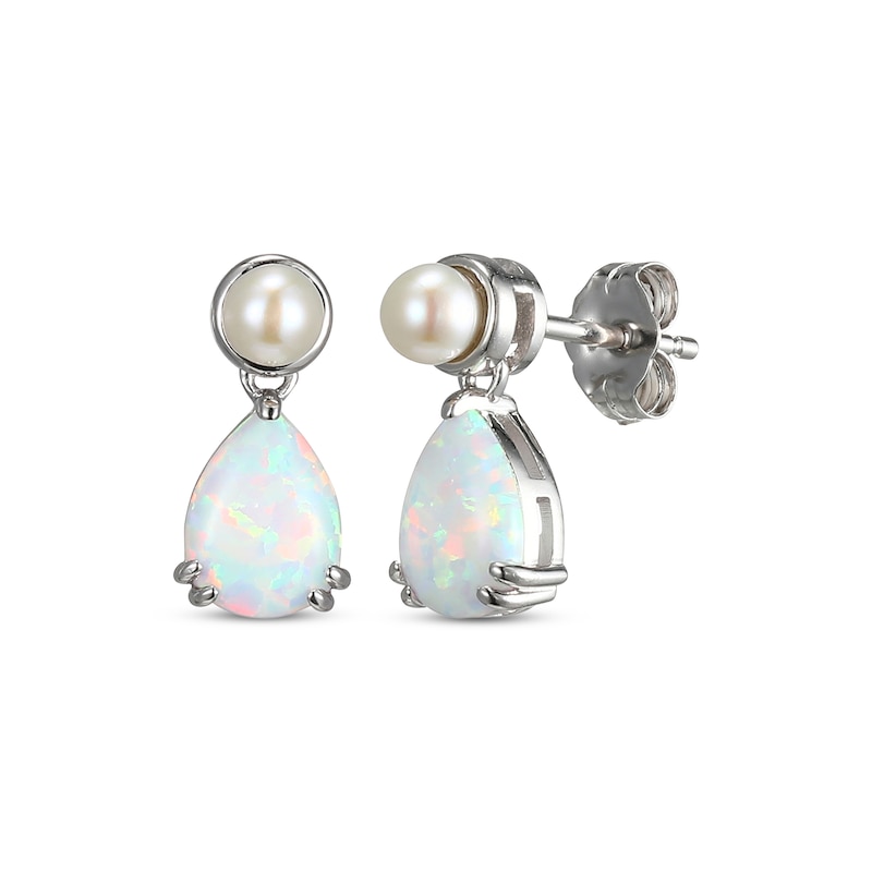 Main Image 1 of Pear-Shaped Lab-Created Opal & Cultured Pearl Drop Earrings Sterling Silver