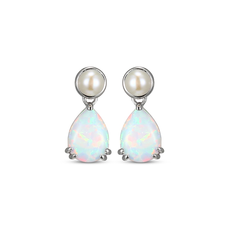 Main Image 2 of Pear-Shaped Lab-Created Opal & Cultured Pearl Drop Earrings Sterling Silver