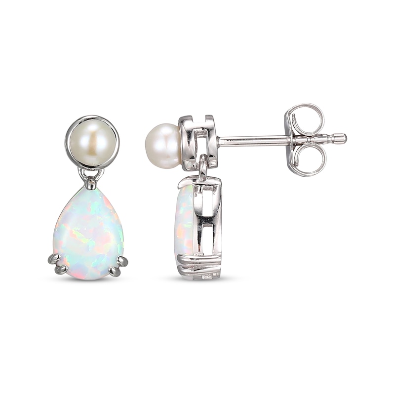 Main Image 3 of Pear-Shaped Lab-Created Opal & Cultured Pearl Drop Earrings Sterling Silver
