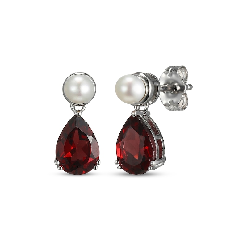 Main Image 1 of Pear-Shaped Garnet & Cultured Pearl Drop Earrings Sterling Silver