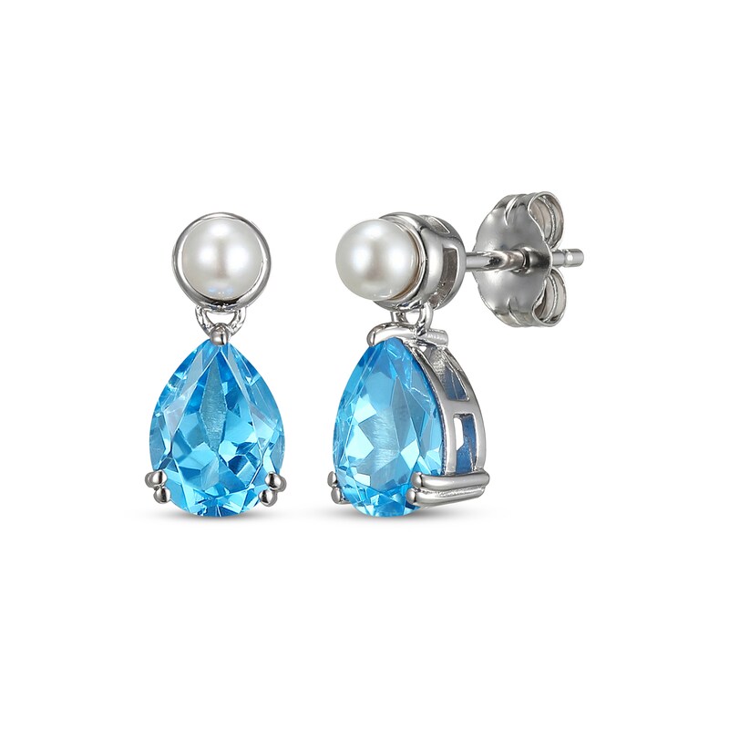 Main Image 1 of Pear-Shaped Swiss Blue Topaz & Cultured Pearl Drop Earrings Sterling Silver