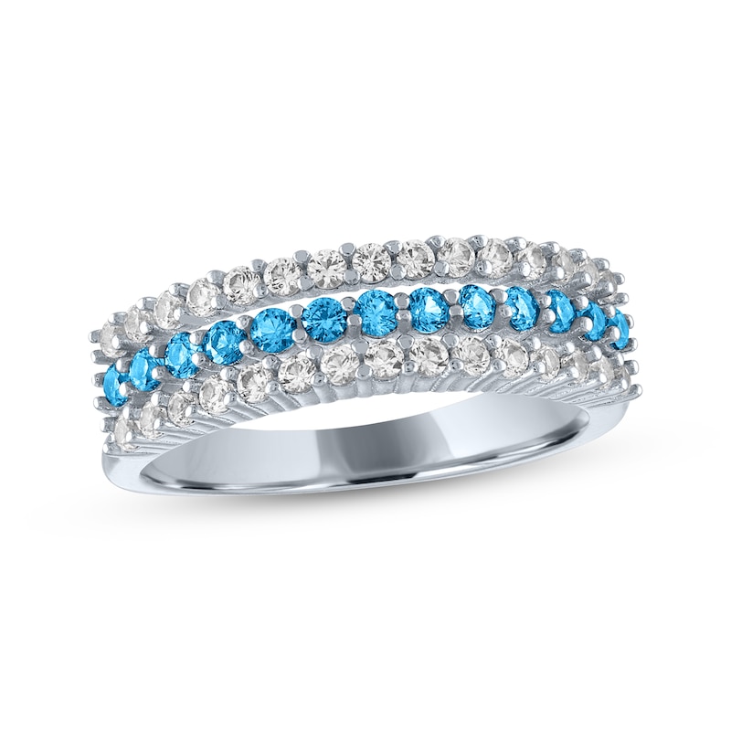 Main Image 1 of Swiss Blue Topaz & White Lab-Created Sapphire Three-Row Ring Sterling Silver