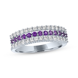 Amethyst & White Lab-Created Sapphire Three-Row Ring Sterling Silver