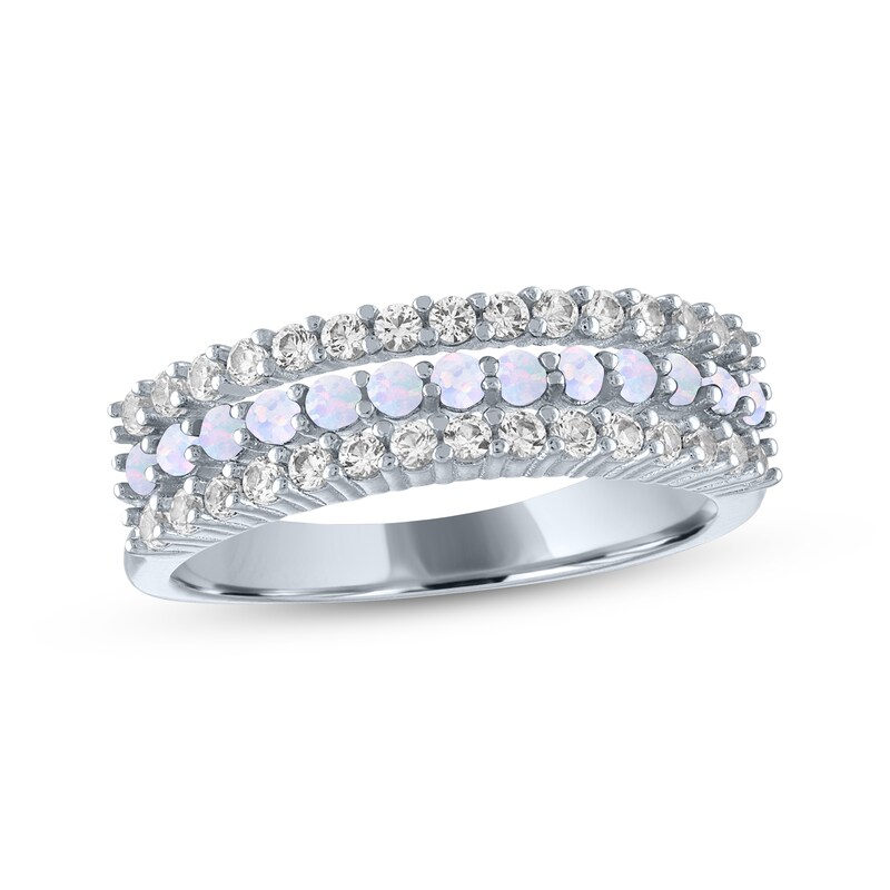 Main Image 1 of Lab-Created Opal & White Lab-Created Sapphire Three-Row Ring Sterling Silver