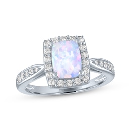 Cushion-Cut Lab-Created Opal & White Lab-Created Sapphire Ring Sterling Silver