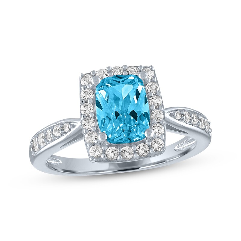 Main Image 1 of Cushion-Cut Swiss Blue Topaz & White Lab-Created Sapphire Ring Sterling Silver