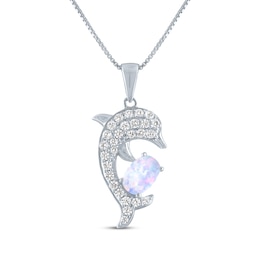 Oval-Cut Lab-Created Opal & White Lab-Created Sapphire Dolphin Necklace Sterling Silver 18"