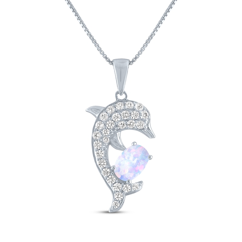 Main Image 1 of Oval-Cut Lab-Created Opal & White Lab-Created Sapphire Dolphin Necklace Sterling Silver 18"
