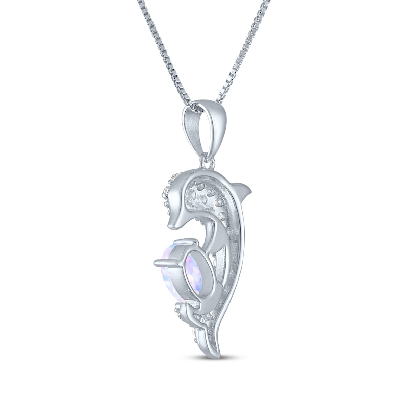 Main Image 3 of Oval-Cut Lab-Created Opal & White Lab-Created Sapphire Dolphin Necklace Sterling Silver 18"