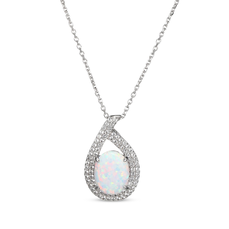Oval-Cut Lab-Created Opal & White Lab-Created Sapphire Teardrop Necklace Sterling Silver 18"