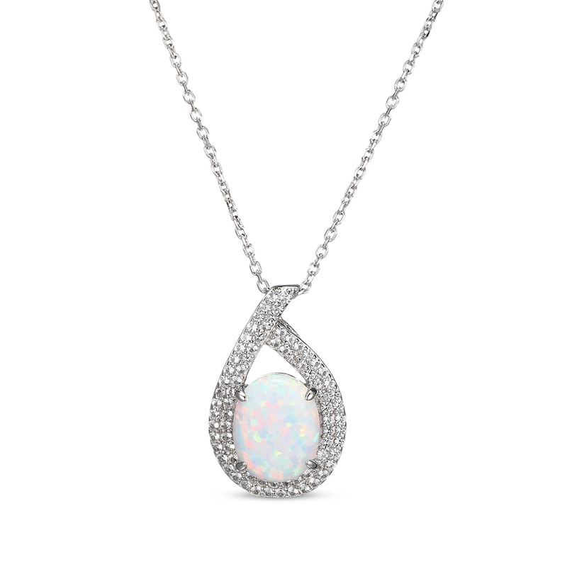Main Image 1 of Oval-Cut Lab-Created Opal & White Lab-Created Sapphire Teardrop Necklace Sterling Silver 18"