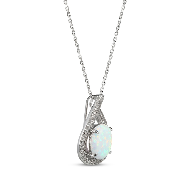 Main Image 2 of Oval-Cut Lab-Created Opal & White Lab-Created Sapphire Teardrop Necklace Sterling Silver 18"