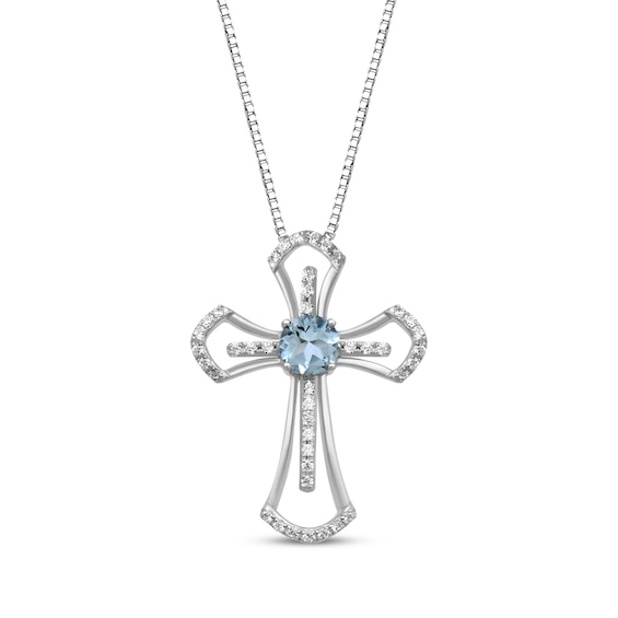Aquamarine & White Lab-Created Sapphire Cross Necklace Sterling Silver 18"