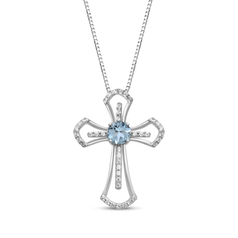Main Image 1 of Aquamarine & White Lab-Created Sapphire Cross Necklace Sterling Silver 18"