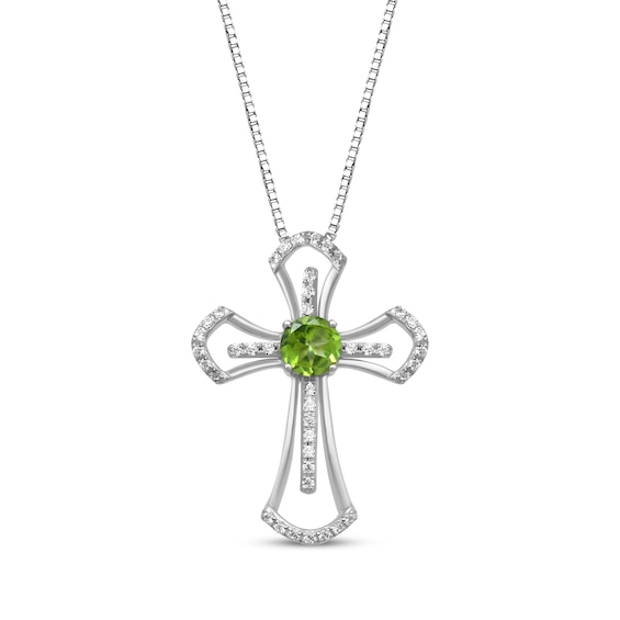 Peridot & White Lab-Created Sapphire Cross Necklace Sterling Silver 18"