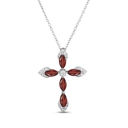 Marquise-Cut Garnet & White Lab-Created Sapphire Cross Necklace Sterling Silver 18"