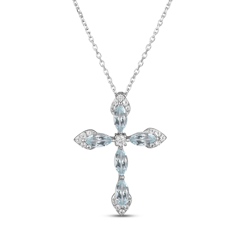 Marquise-Cut Aquamarine & White Lab-Created Sapphire Cross Necklace Sterling Silver 18"