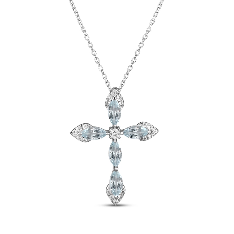 Main Image 1 of Marquise-Cut Aquamarine & White Lab-Created Sapphire Cross Necklace Sterling Silver 18"
