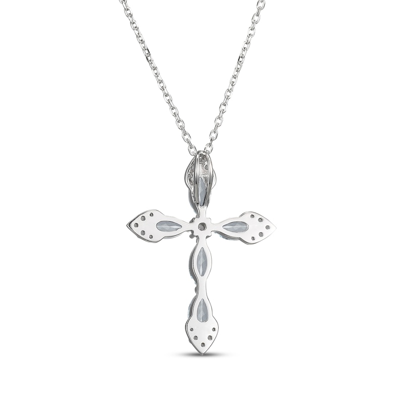 Main Image 3 of Marquise-Cut Aquamarine & White Lab-Created Sapphire Cross Necklace Sterling Silver 18"