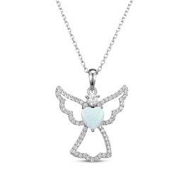 Heart-Shaped Lab-Created Opal & White Lab-Created Sapphire Angel Necklace Sterling Silver 18"