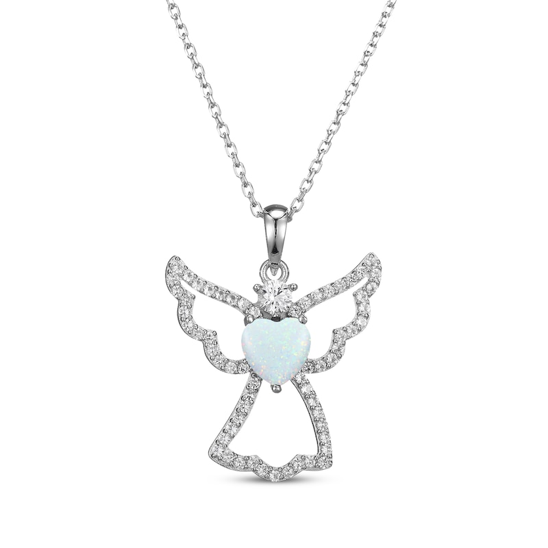 Main Image 1 of Heart-Shaped Lab-Created Opal & White Lab-Created Sapphire Angel Necklace Sterling Silver 18"