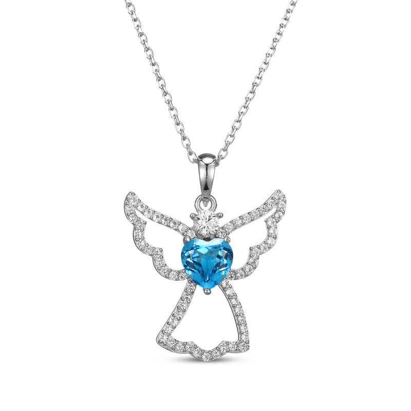 Main Image 1 of Heart-Shaped Swiss Blue Topaz & White Lab-Created Sapphire Angel Necklace Sterling Silver 18"