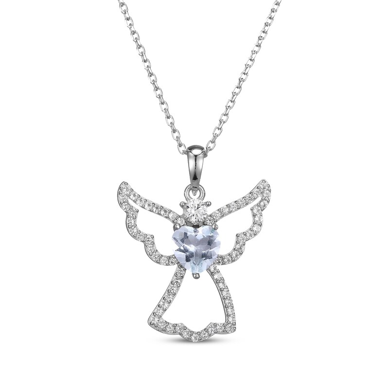 Main Image 1 of Heart-Shaped Aquamarine & White Lab-Created Sapphire Angel Necklace Sterling Silver 18"