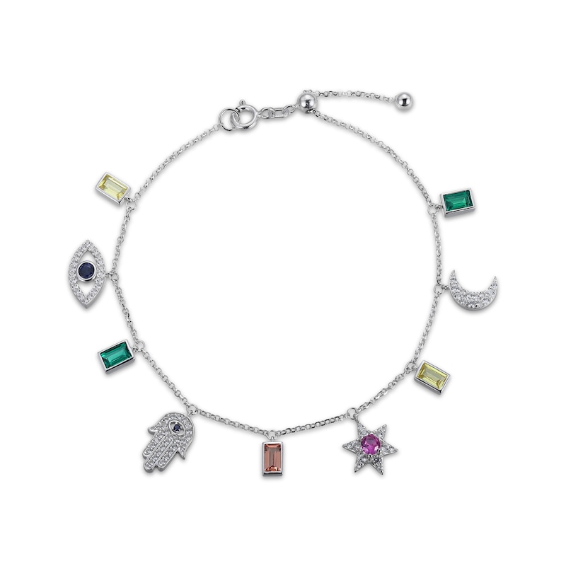 Multi Lab-Created Gemstone Charm Bracelet Sterling Silver 8"